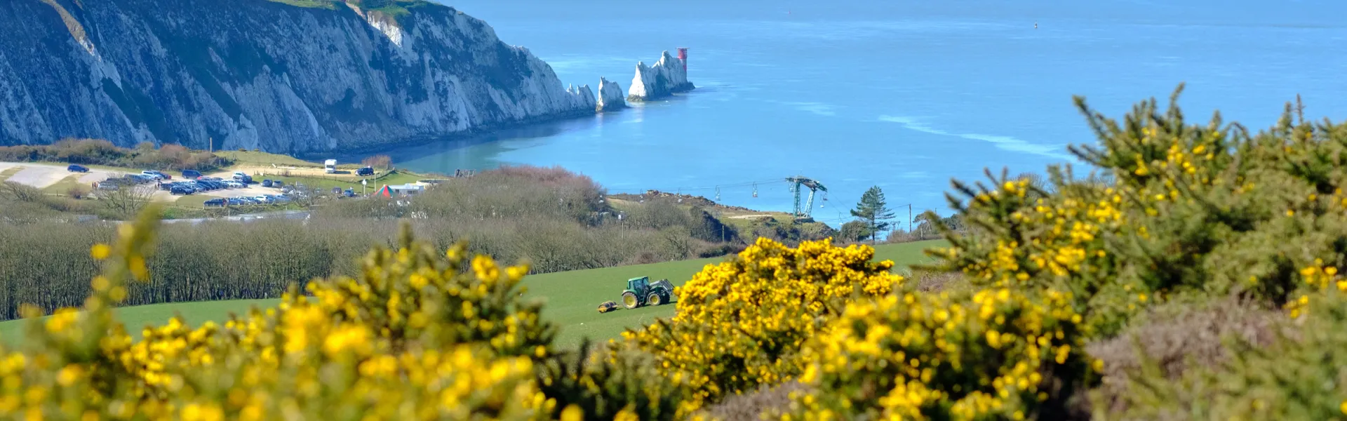Coastal scene with white chalk cliffs on the left, blue sea and islets, a red lighthouse, foreground green fields, and yellow gorse with a tractor.